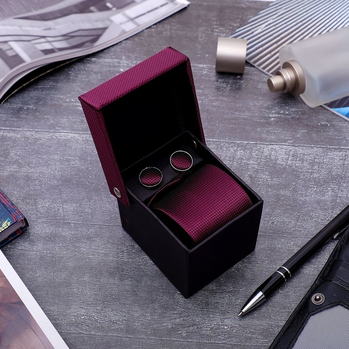 Набор мужской "Премьер" галстук 145*5см, запонки, мелкий квадрат, цвет марсала