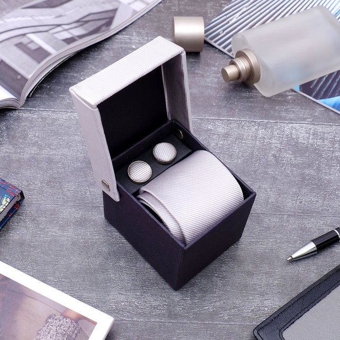 Набор мужской "Премьер" галстук 145*5см, запонки, тонкая полоска, цвет серый