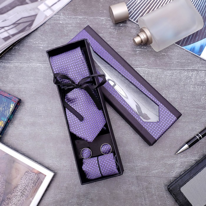Набор мужской "Элит" галстук 145*5см, платок, запонки, клетка мелкая, цвет темно-сиреневый