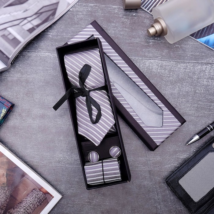 Набор мужской "Элит" галстук 145*5см, платок, запонки, полосы тонкие, цвет серый