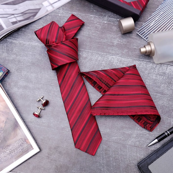 Набор мужской "Элит" галстук 145*5см, платок, запонки, полоски, цвет красно-черный