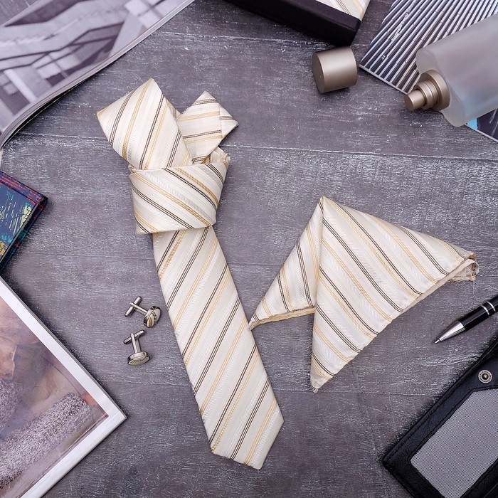 Набор мужской "Элит" галстук 145*5см, платок, запонки, полоски, цвет бежевый