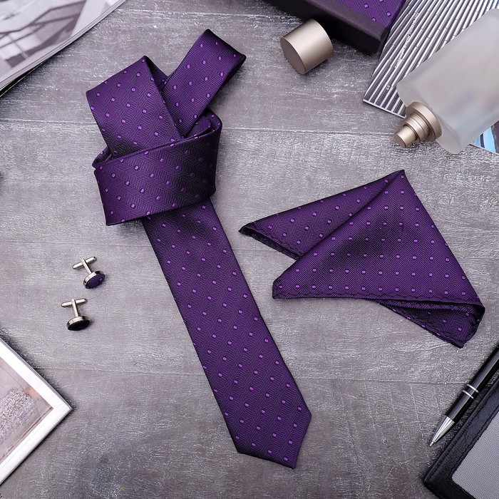 Набор мужской "Элит" галстук 145*5см, платок, запонки, квадрат, цвет фиолетовый