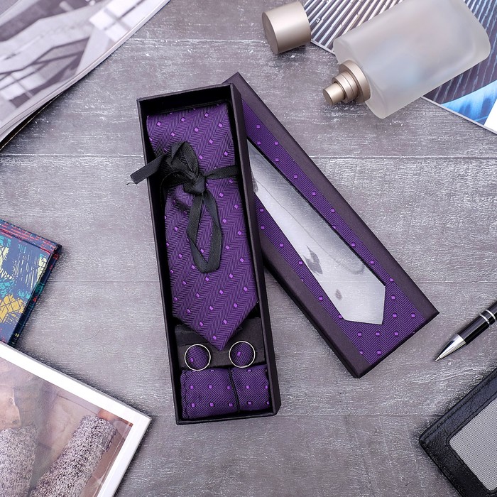 Набор мужской "Элит" галстук 145*5см, платок, запонки, квадрат, цвет фиолетовый