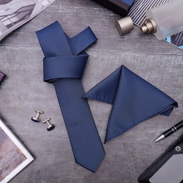 Набор мужской "Элит" галстук 145*5см, платок, запонки, сетка, цвет сине-голубой