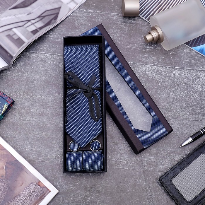 Набор мужской "Элит" галстук 145*5см, платок, запонки, сетка, цвет сине-голубой