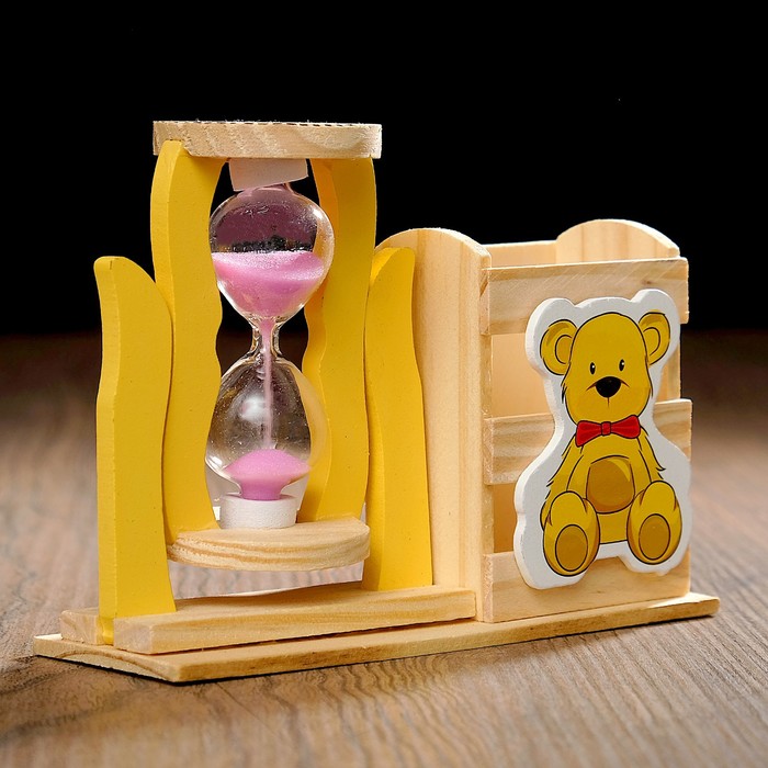 Песочные часы "Медвежонок", сувенирные, с карандашницей, 13.5х13.5х10 см, микс