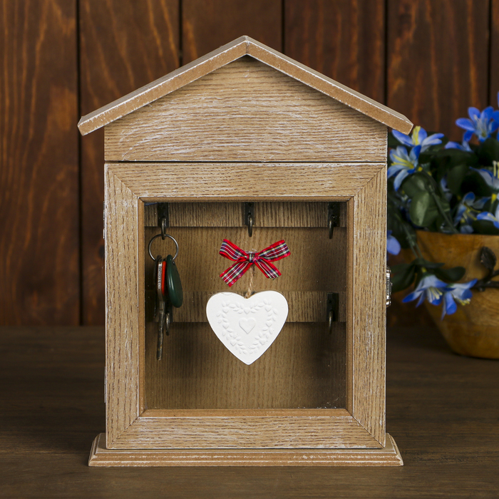 Ключница дерево 6 крючков "Сердце с бантом" 27х22,2х5,8 см