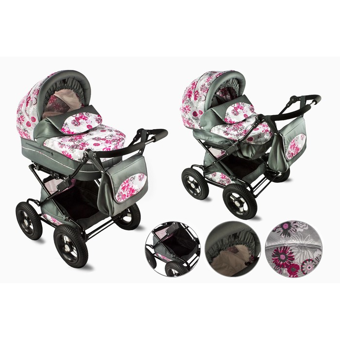 Коляска детская Кл-1 "Настена" комбинированная 2 в 1 (101, цветы на сером, КЛ-1 СТЛ, R12 )