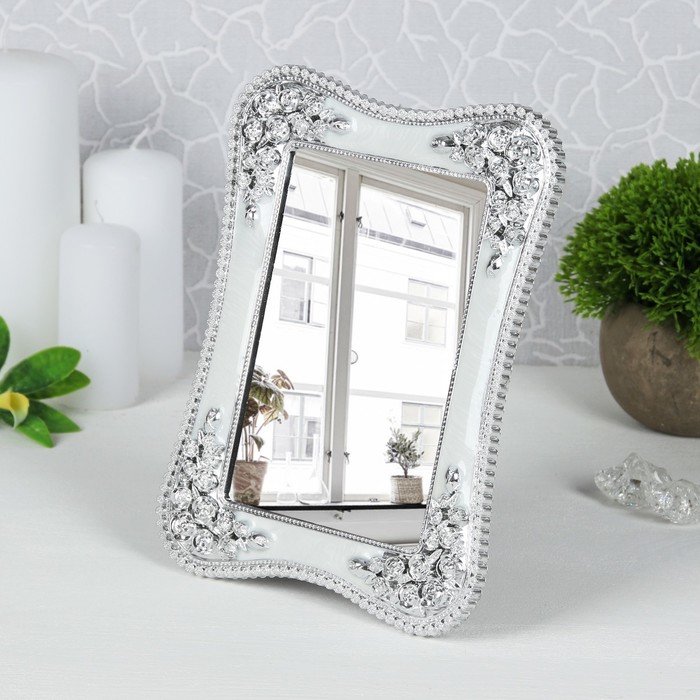 Зеркало на подставке, прямоугольное, одностороннее, без увеличения, цвет белый/серебристый