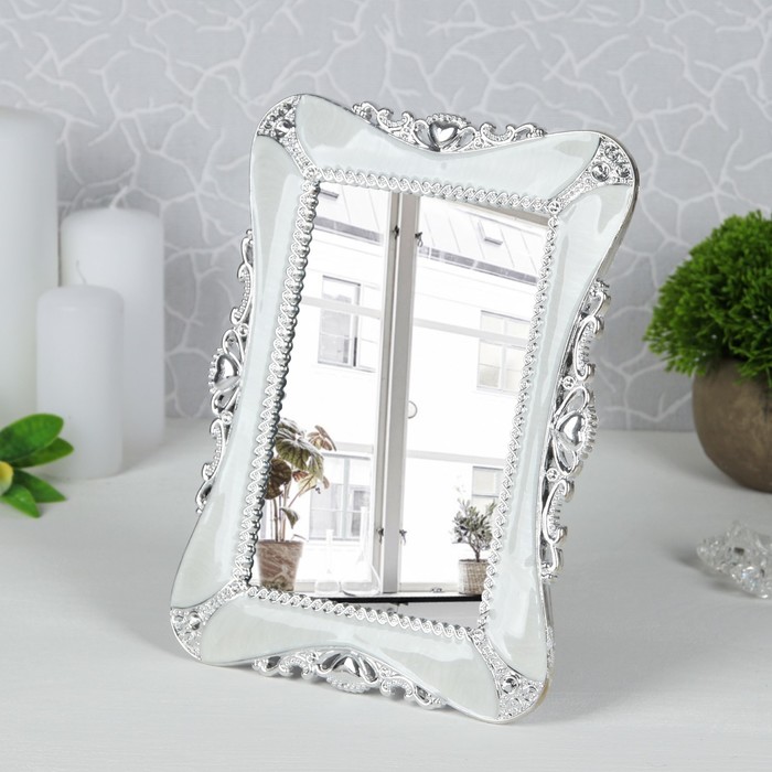 Зеркало на подставке, прямоугольное, одностороннее, без увеличения, цвет белый/серебристый