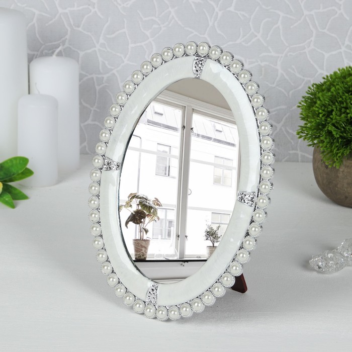 Зеркало на подставке, овальное, одностороннее, без увеличения, цвет белый/серебристый