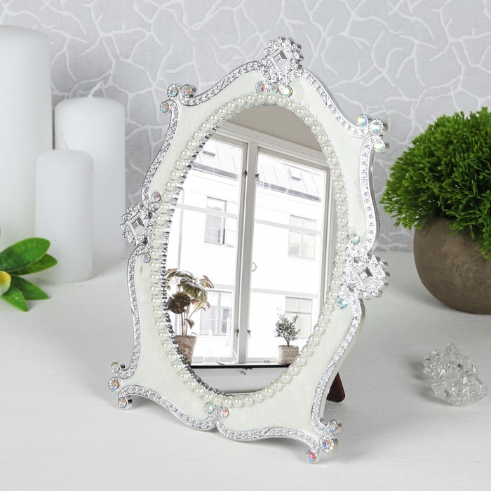 Зеркало на подставке, овальное, одностороннее, без увеличения, цвет белый/серебристый