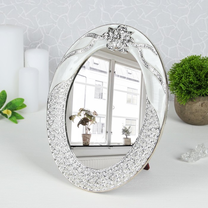 Зеркало на подставке, овальное, одностороннее, без увеличения, цвет белый/серебристый