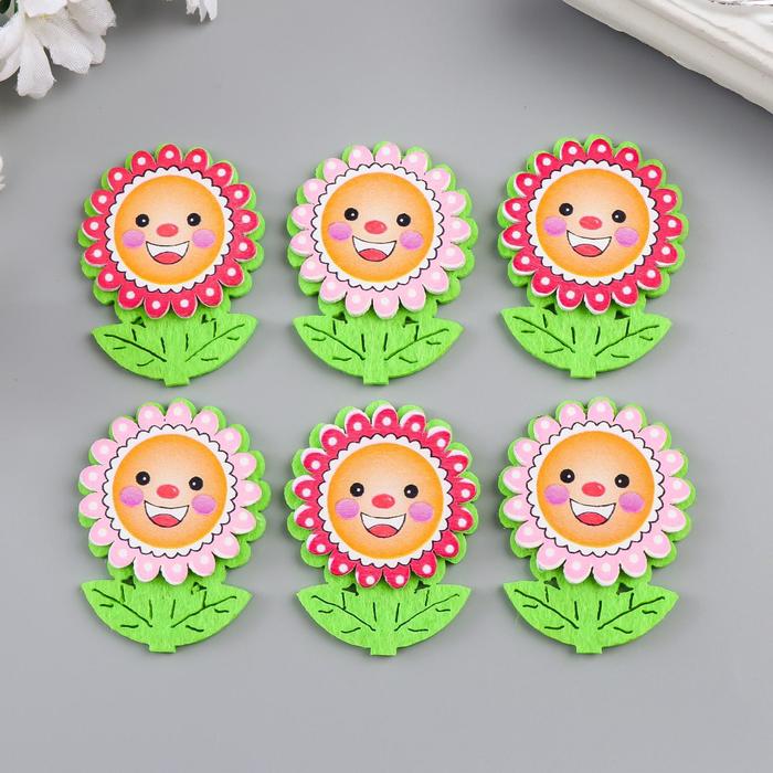 Декор для творчества дерево, войлок "Цветочек-солнышко" набор 6 шт 4,4х3,2 см