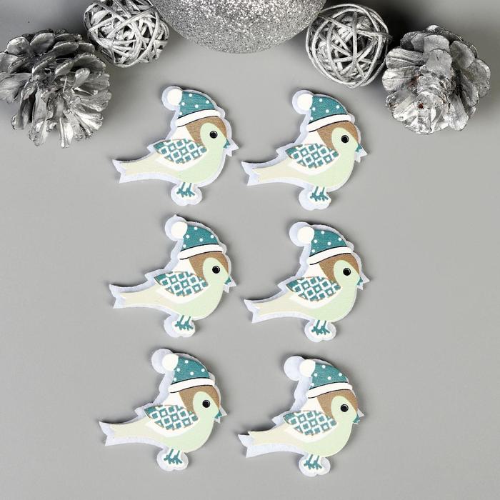 Декор для творчества дерево, войлок "Воробышек в шапочке" набор 6 шт 4,2х4,2 см