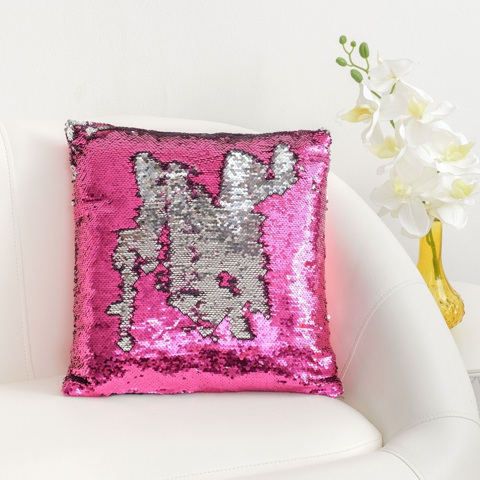 Наволочка декоративная Хамелеон 40*40 см серебро-магнолия, пайетки, 100%п/э