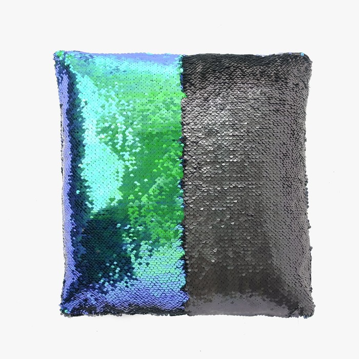 Наволочка декоративная Хамелеон 40*40 см морской-глянцевый чёрный, пайетки, 100%п/э