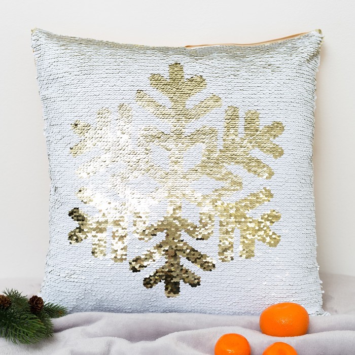 Наволочка декоративная Хамелеон 40*40 см Снежинка, пайетки, 100% п/э