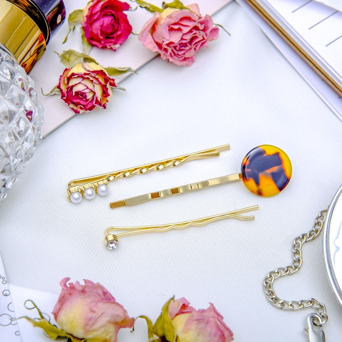 Невидимка для волос "Терция" (набор 3 шт) 5,5 см, 5 см, страз, жемчужины, круг