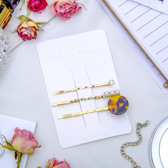 Невидимка для волос "Терция" (набор 3 шт) 5,5 см, 5 см, страз, жемчужины, круг