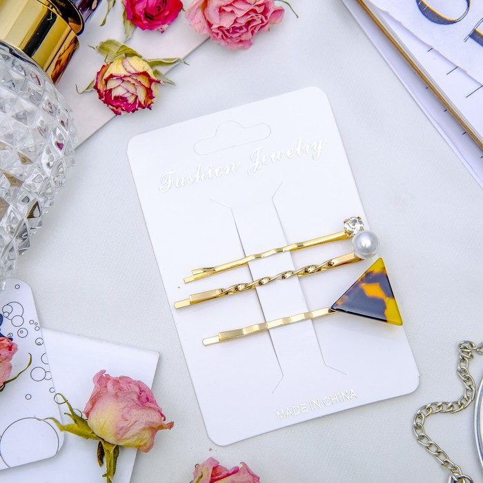 Невидимка для волос "Терция" (набор 3 шт) 5,5 см, 5 см, страз, жемчужины, треугольник