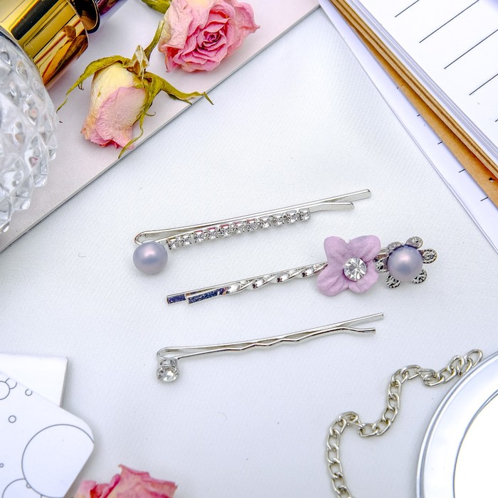 Невидимка для волос "Трио" (набор 3 шт) 4см, 5,5 см, цветок, жемчужина, страз