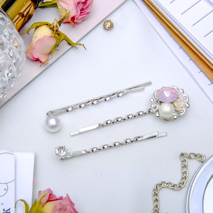 Невидимка для волос "Трио" (набор 3 шт) 4 см, 5,5 см, страз, жемчужина, цветок