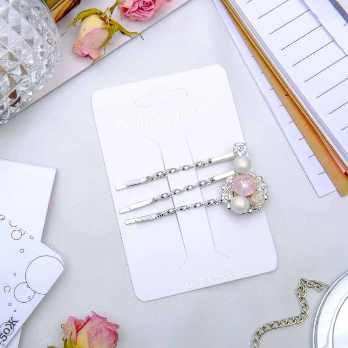 Невидимка для волос "Трио" (набор 3 шт) 4 см, 5,5 см, страз, жемчужина, цветок