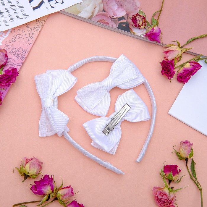 Набор для волос "Милашка" 1 ободок, 2 зажима белый кружево