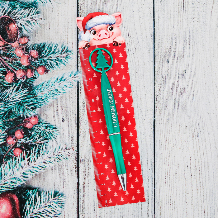 Ручка с линейкой "Хрюня и елка"