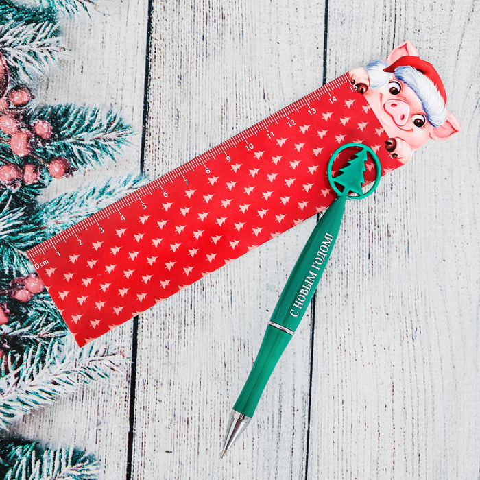 Ручка с линейкой "Хрюня и елка"