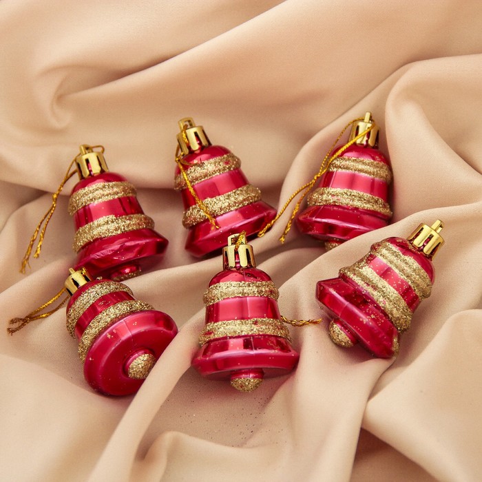 Украшение ёлочное "Колокольчики" с золотыми полосами (набор 6 шт) 3*3,5 см, красный