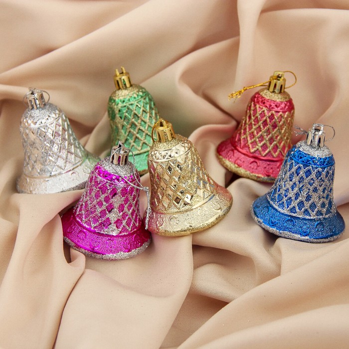 Украшение ёлочное "Колокольчики" разноцветные в ромбик (набор 6 шт) 5,5*5,5 см
