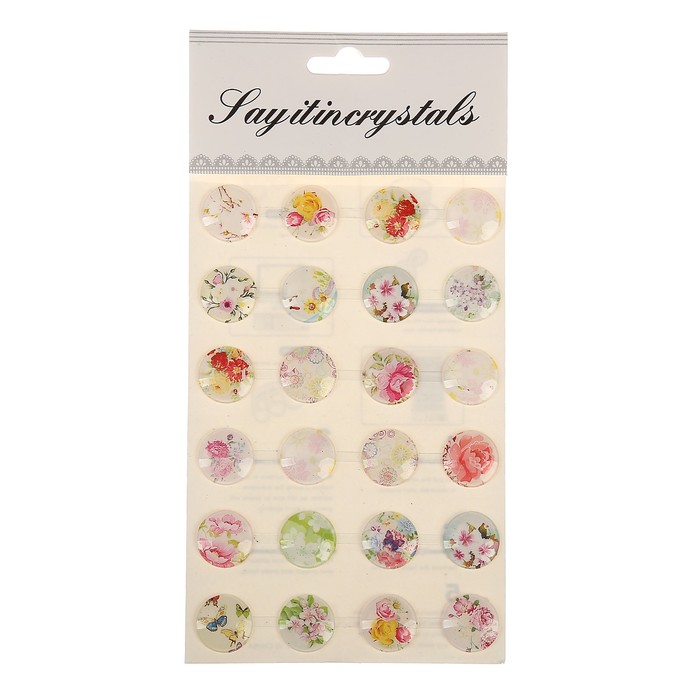 Наклейка пластик стразы "Цветы в кружочках" 1,8х1,8 см МИКС 20х10 см