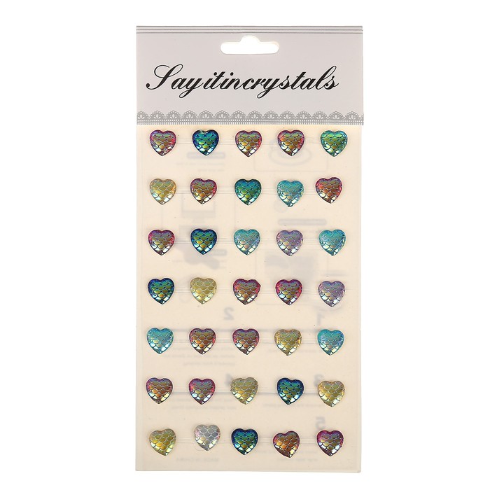 Наклейка пластик стразы "Сердечки-чешуя" перламутр 1,2х1,2 см 19,5х10 см