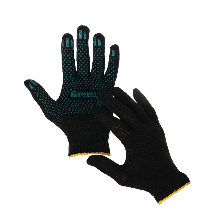 Перчатки, хб, вязка 7 класс, 4 нити, размер 9, с ПВХ точками, чёрные, Greengo