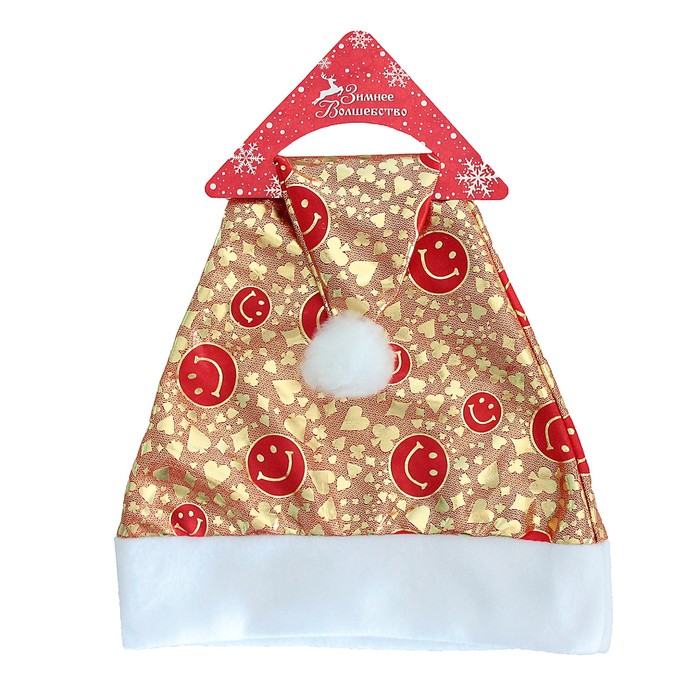 Колпак новогодний "Смайлики золотистые" красный 28*38 см