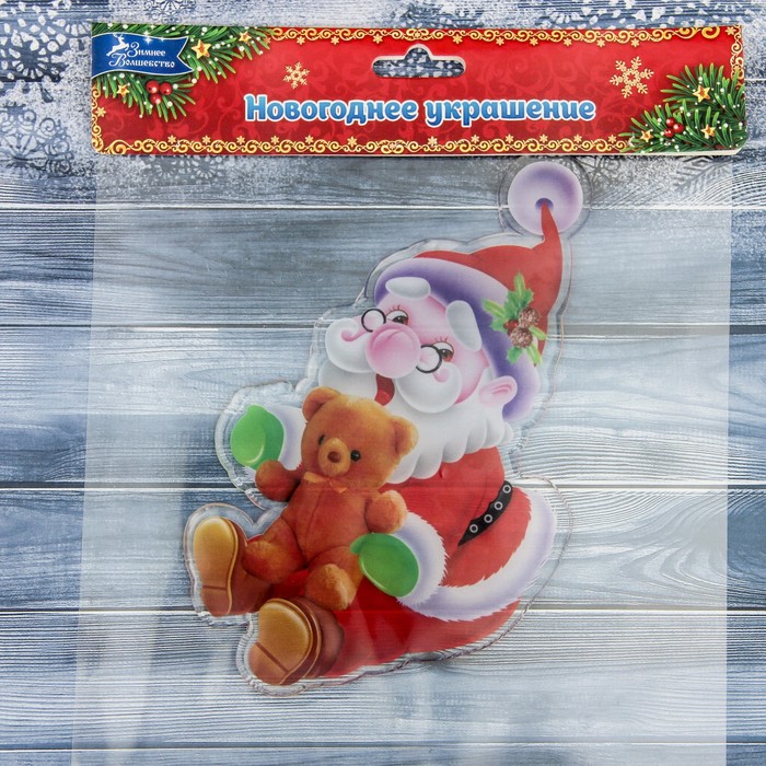 Наклейка на стекло 12*17 см дед мороз с мишкой