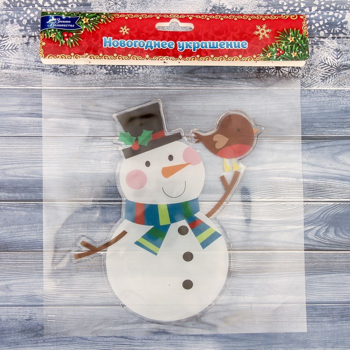 Наклейка на стекло 14*17 см снеговик с птичкой