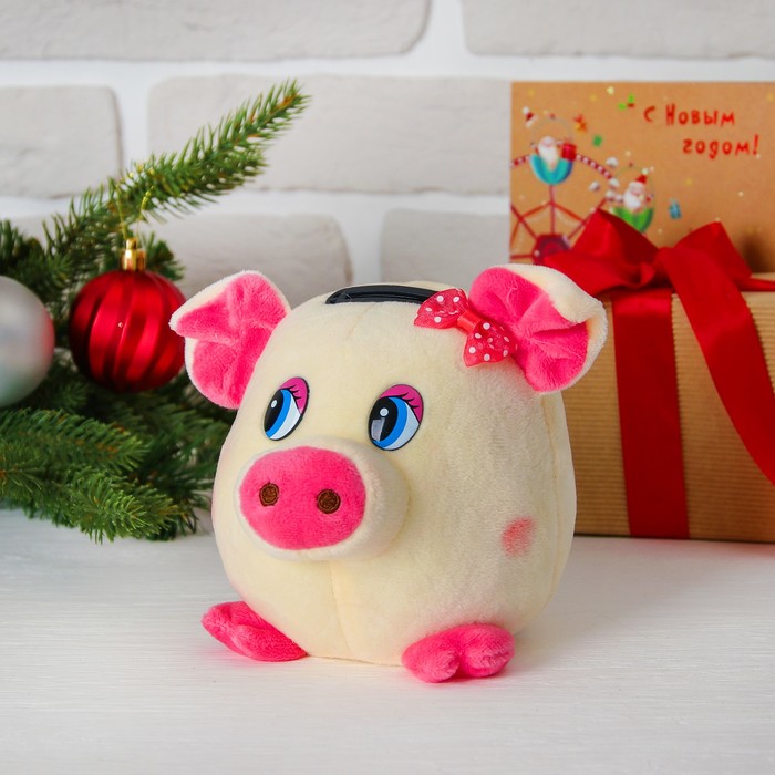 Мягкая музыкальная игрушка-копилка "Хрюша с бантиком" светятся щёчки, цвета микс