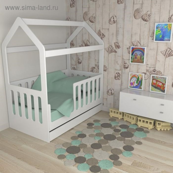 фото Детская кровать-домик с ящиком, белый, 800 × 1600 мм