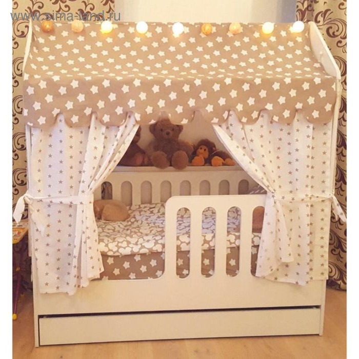 Детская кровать-домик с ящиком, белый, 800х1600, текстиль 1
