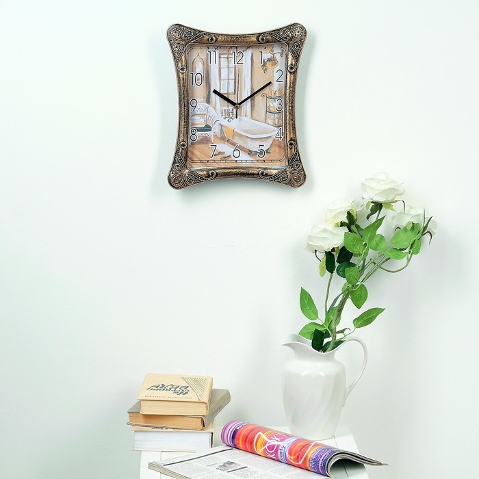 Часы настенные прямоугольные, ретро, с вогнутыми краями, под бронзу 27*3*32 см. микс