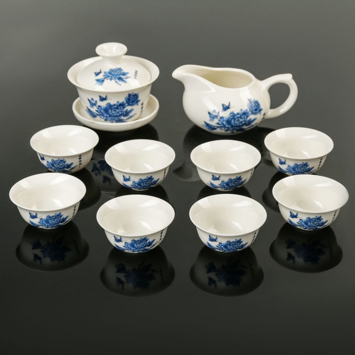 Набор для чайной церемонии "Синяя роза", 10 предметов: чахай 150 мл, гайвань 150 мл, 8 чашек 50 мл