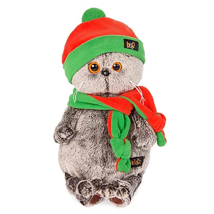 Мягкая игрушка "Басик" в оранжево-зелёной шапке и шарфике, 19 см