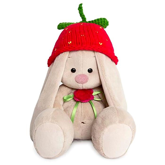 Мягкая игрушка "Зайка Ми" в вязаной шапке "Клубничка", 23 см