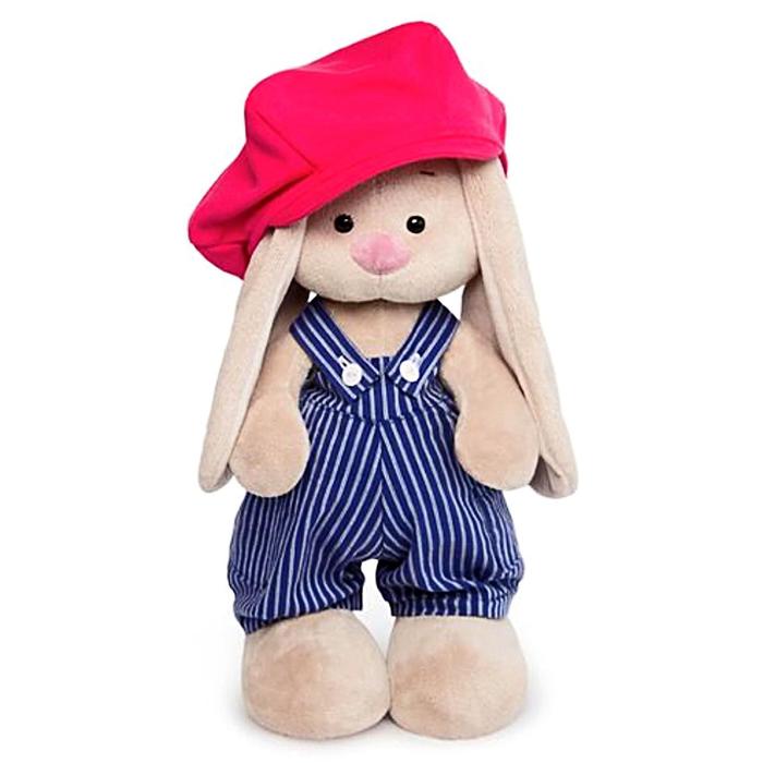 Мягкая игрушка "Зайка Ми" в синем комбинезоне в полоску и с малиновой кепкой, 32 см