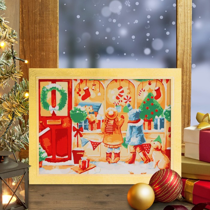 Роспись по номерам без подрамника "Новогодняя витрина" с красками 14шт по3мл+ кисти 30*40 см