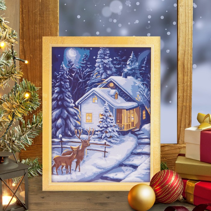 Роспись по номерам без подрамника "Новогодняя ночь" с красками 14шт по3мл+ кисти 30*40 см